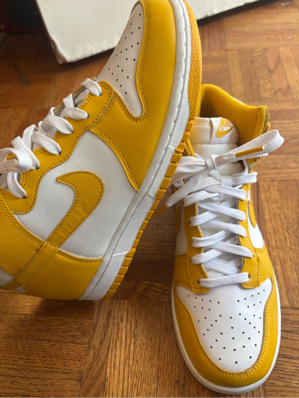 Nike Dunk High-Top Sneakers in White and Yellow Womens 7